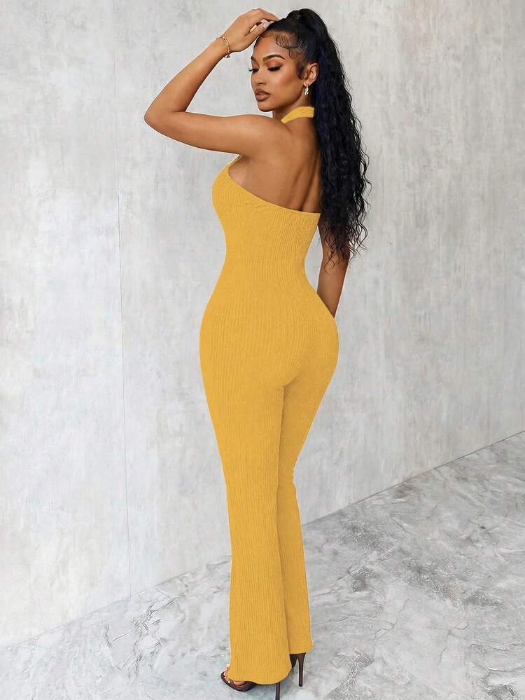 Eryvara Women's Solid Color Halter Neck Tie Metal Connector Casual Daily Outing Jumpsuit - Yellow - View 2