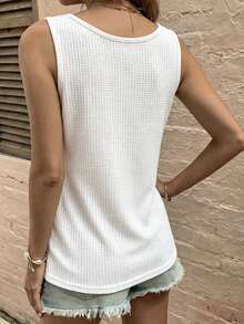 SHEIN LUNE Women's Solid Color Button Design Round Neck Casual Versatile Tank Top - White - View 2