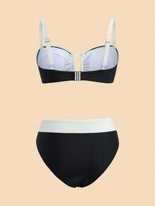 Travachic Women's Summer Beach Colorblock Pleated Sexy Fashion Bikini Two-Piece Swimsuit Set - Multicolor - View 2