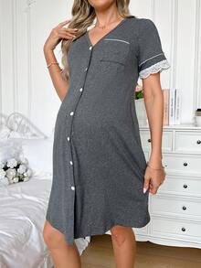 Moonlight&Mama Maternity Nightgown - Short Sleeve Dress (Lace Cuffs) - Grey - View 4