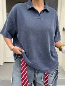 Muchica Summer Casual Vintage Navy Blue Plus Size T-Shirt Graduation - Navy Blue - View 6