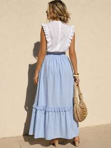 SHEIN LUNE Women's Spring/Summer Vacation Casual Tropical European Elegant Jamican Sexy V-Neck Flutter Sleeve Top And White Light Blue Skirt 2 Pieces Set - Blue and White - View 2