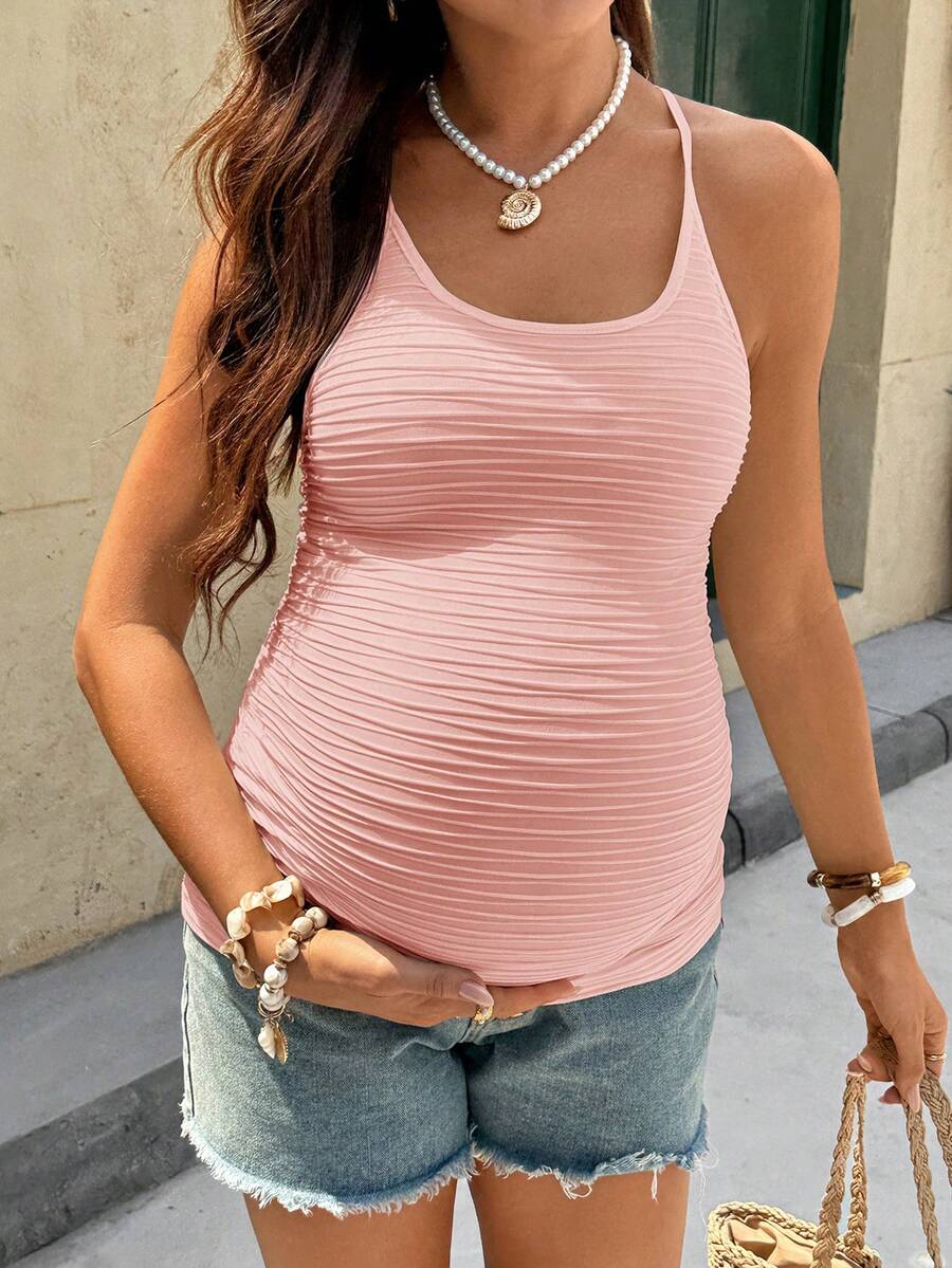 SHEIN 孕妇夏季休闲纯色吊带背心 - 粉色 - 查看 1