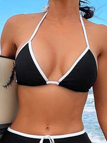 SHEIN Swim Summer Beach Contrast Trim Knotted Detail Bikini Set - Black and White - View 4