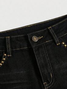 ROMWE Fairycore Celana Pendek Denim Wanita Gaya Vintage Y2K Pinggang Sangat Rendah dengan Efek Usang, Saku Belakang, Motif Kupu-kupu, dan Paku Keling. - Hitam - View 4