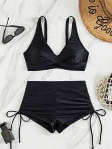 Swim Lushoire Spring/Summer Women's 2-Piece Sexy Bikini Swimsuit Set, Solid Color Double Strap Top With Black Boy Shorts, Beachwear Swimwear - Black - View 4
