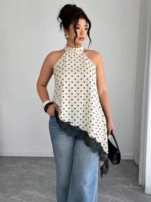 Elenzga 缎面杏色黑色波点露背不对称下摆蕾丝拼接优雅休闲通勤办公时尚派对大码春夏衬衫 - 彩色 - 查看 5