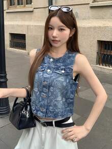 DAZY 女款時尚佩斯利印花牛仔背心，適合春夏，短版上衣，白色基本款性感校園風 - 藍色 - 查看 5