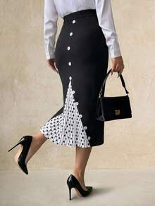 Elegantrix Women's Plus Size Elegant French Style Bodycon Mermaid Skirt With Elastic Waist, Color Block Polka Dot Pleated Skirt Fall - Black - View 3