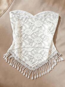 GlowEve Damen Sommer Bandeau Top mit Spitze, Quasten und Twist, sexy Hot Girl Unter-/Oberbekleidung mit asymmetrischem Saum, exquisites Top, französisches Design mit taillierter Spitze, elegantes Mode Top, geeignet für tägliche Ausflüge, Dates, Partys, lässige Urlaube, Bohemian Urlaubsstil Top - Weiss - Übersicht 2