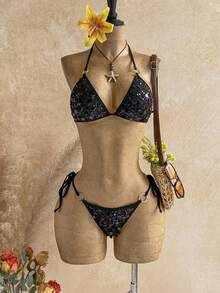 Soleia Vacation Beach Party Sexy Sequin Bikini Set Black Summer - Black - View 7