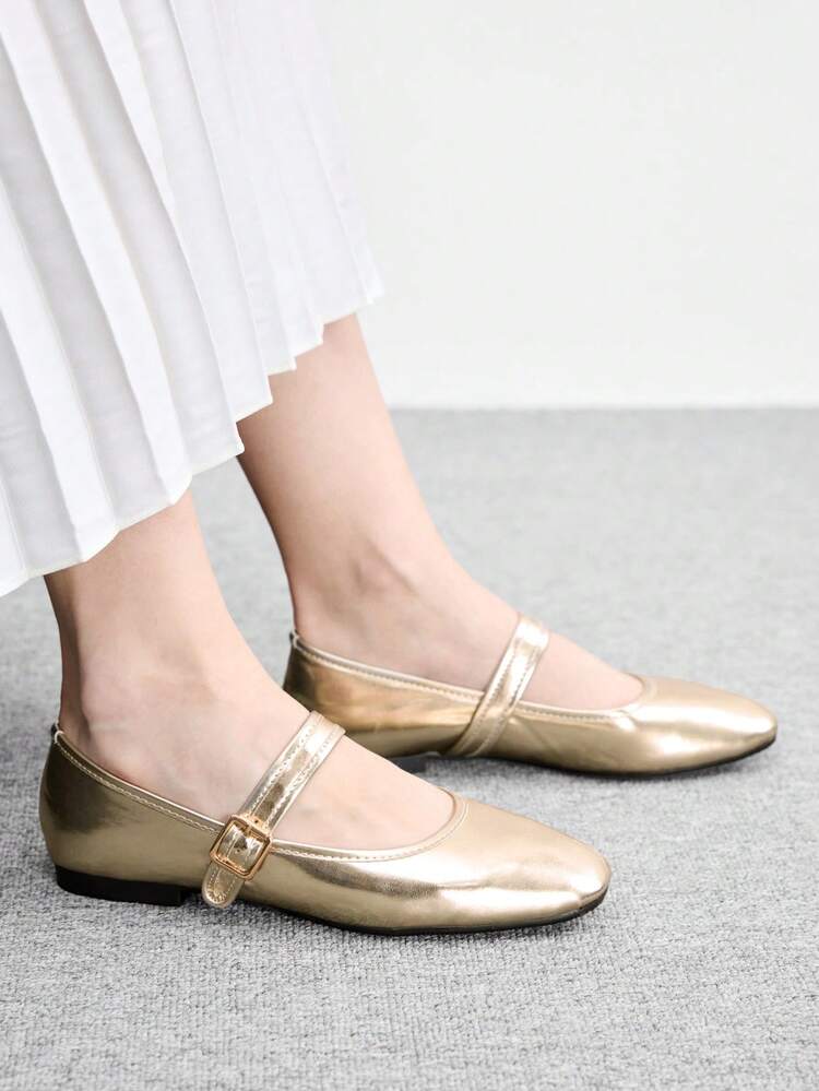 CUCCOO BIZCHIC Spring And Autumn Metal Buckle Contrasting Color Hemming Round Toe Flat Bottom, Retro Style Mary Jane Shoes Commuting Shopping - Gold - View 4