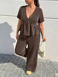 Muchica Chocolate Brown Plus Size Women 2 Pieces Set, Spring/Summer - Chocolate Brown - View 6