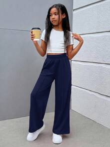 SHEIN Tween Girl Street Style Mix & Match Solid Color Straight Leg Knit Pants - Navy Blue - View 2