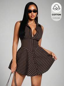 Radiana Plus Size Striped Button Front Minimalist Casual Short Dress,Black And White,Summer,Girlism,Night,Elegant Office Siren,Retro Chic Flatter The Figure - Brown - View 1