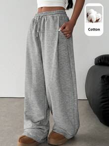 SHEIN Teen Girl Solid Color Drawstring Waist Pocket Casual Versatile Daily Sweatpants - Grey - View 4