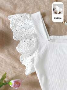 SHEIN Top de tirantes casual de punto color liso con cuello cuadrado y volantes para niña preadolescente - Blanco - Ver 4
