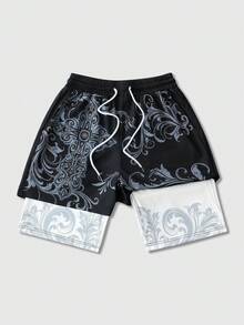 ROMWE MEN Anime Men's 2 In 1 Dragon Print Sports Basketball Shorts, Suitable For Daily Wear In Spring And Summer - Black - View 8