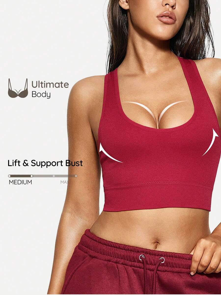 SHAPORA Sujetador inalámbrico de yoga de unicolor con diseño cruzado acanalado acanalado - Burdeos - Ver 1