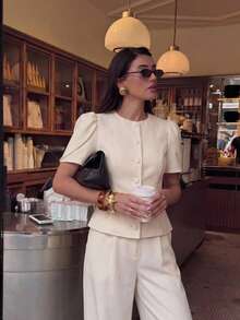 Lumalex Women's Elegant High Neck Gigot Sleeve Slim Fit Ivory Short Sleeve Blazer, Waist-Cinching Elegant Women's Blouse, Outing Top, Women's Outing Top, Women's Office Blouse, Women's Office Blouse, Formal Business Blouse, Luxurious New Year New Look, Low-Key Luxury, Ball Party Gathering Banquet, Low-Key Luxury, Sparkling Holiday Party Celebration - Apricot - View 6