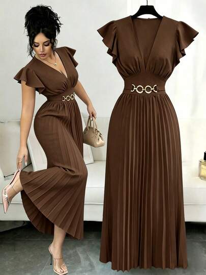 Elenzga Novo Vestido Longo Feminino com Decote em V, Manga com Babado, Tecido Liso, Fivela de Metal, Design Plissado, Elegante, Jovem, para Dia dos Namorados, Banquete, Férias e Festa, com Efeito Alongador e Emagrecedor