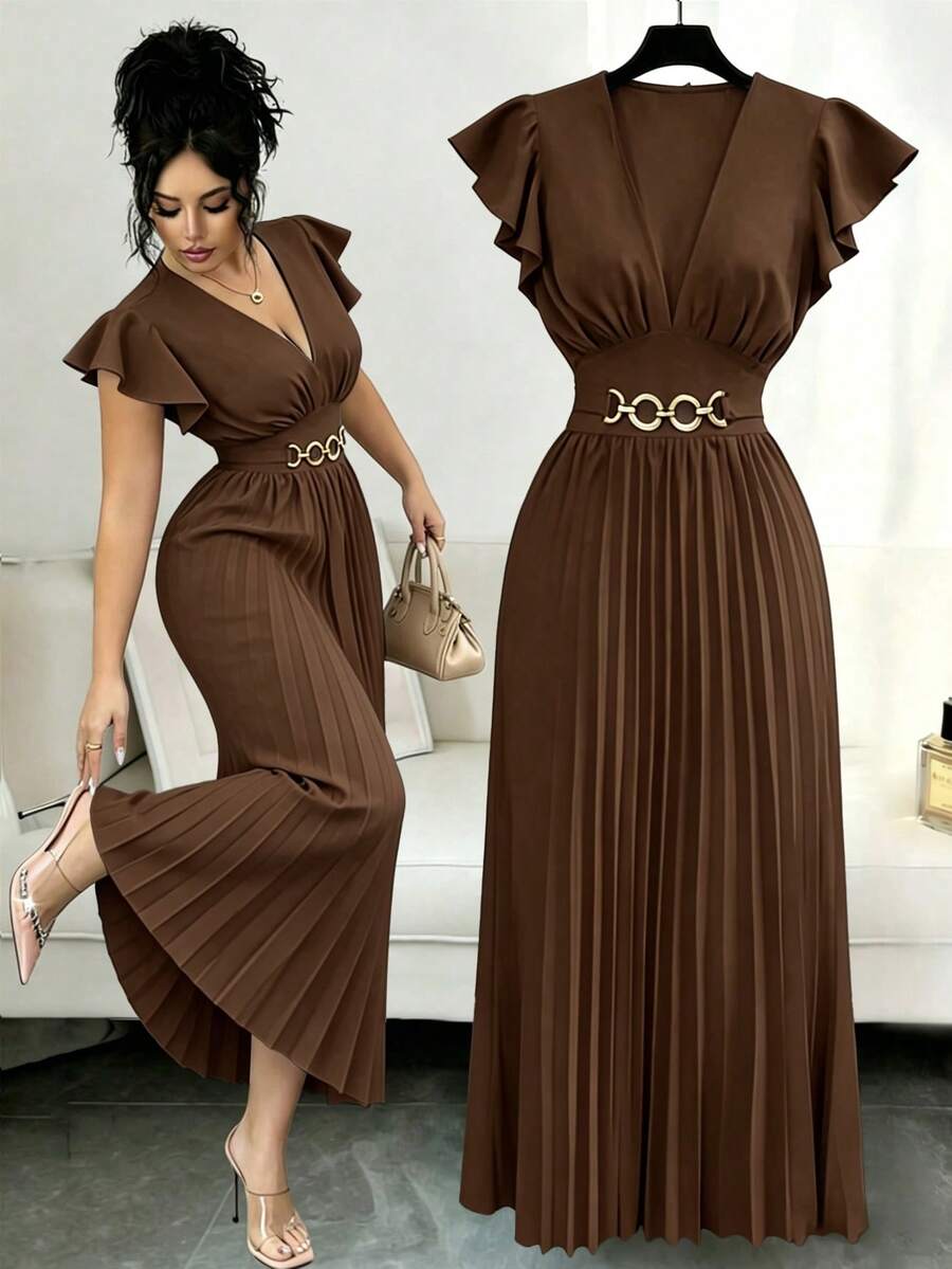 Elenzga Nuevo vestido largo para mujer con cuello en V, mangas con volantes, tejido de color liso, hebilla metálica, diseño plisado, elegante y juvenil, para el Día de San Valentín, banquetes, vacaciones y fiestas, efecto alargador y estilizante - Marrón - Ver 1