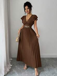 Elenzga Nuevo vestido largo para mujer con cuello en V, mangas con volantes, tejido de color liso, hebilla metálica, diseño plisado, elegante y juvenil, para el Día de San Valentín, banquetes, vacaciones y fiestas, efecto alargador y estilizante - Marrón - Ver 4