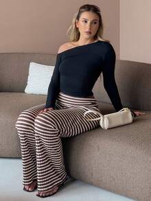 hollyjadebate Women's Daily Wear Essentials Knit Stretchy Comfy Asymmetrical Neck Long Sleeve Tops Casual Black - Black - View 3