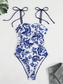 Swim Vcay 女款花卉印花細肩帶式一件式泳衣，適合度假 - 藍白色 - 查看 5