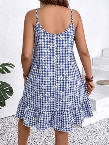 EMERY ROSE Plus Size Women's Plaid Loose Ruffle Hem Cami Dress - Blue - View 2