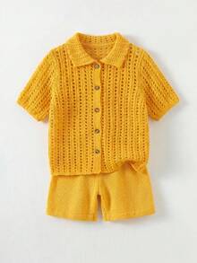 SHEIN 2件/組 嬰兒男童夏季休閒針織毛衣黃色上衣與休閒短褲，適合生日派對、狂歡派對、晚會、表演、婚禮、滿月、洗禮和首週年慶祝、度假穿搭 - 黃色 - 查看 7
