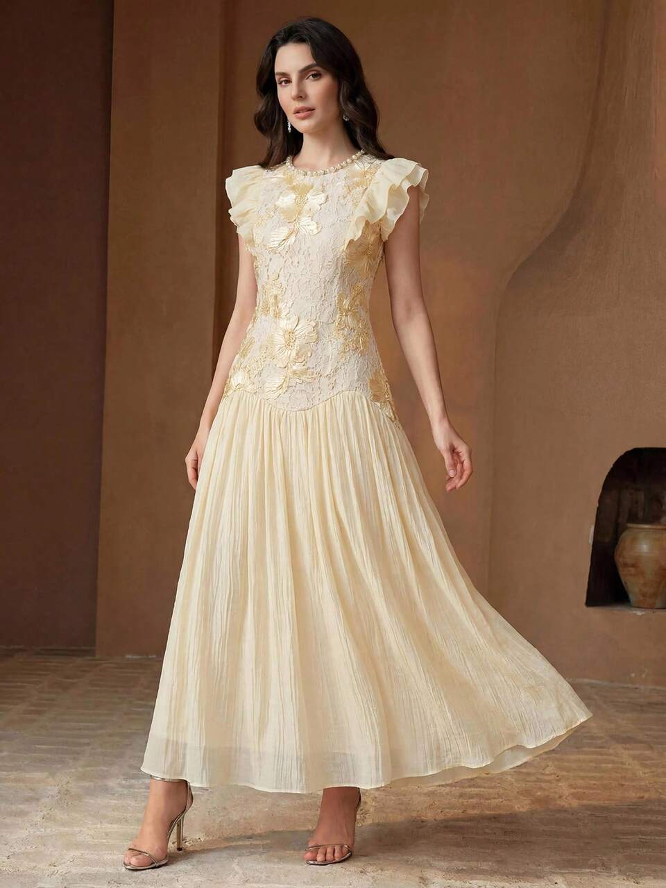 Anewsta French Elegant Lace Embroidered Maxi Dress, Structured Floral Cinching Waist Cap Sleeve Formal Gown