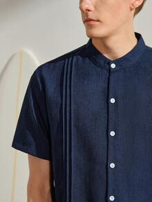 VeloEdit Blue Men's Solid Color Front Button Collar Casual Short Sleeve Shirt Men Linen Summer Old Money, Daily Leisure, Weekend Trips, Outdoor Activities - Royal Blue - View 7