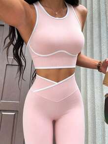 Dewbera Dewbera Women's Solid Color Fitted Cropped Top And Long Pants Fashion Minimalist Sports Set - Baby Pink - View 4