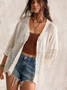 Nubod Plus Size Women's Hollow Out 3/4 Sleeve Design Thin Cardigan Sweater Casual Comfortable - White - View 4