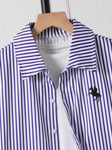 Teen Boys Striped Short Sleeve Shirt & White Shorts With Knight Print For Commute, Beach, Campus & Back To School - Blue - View 9