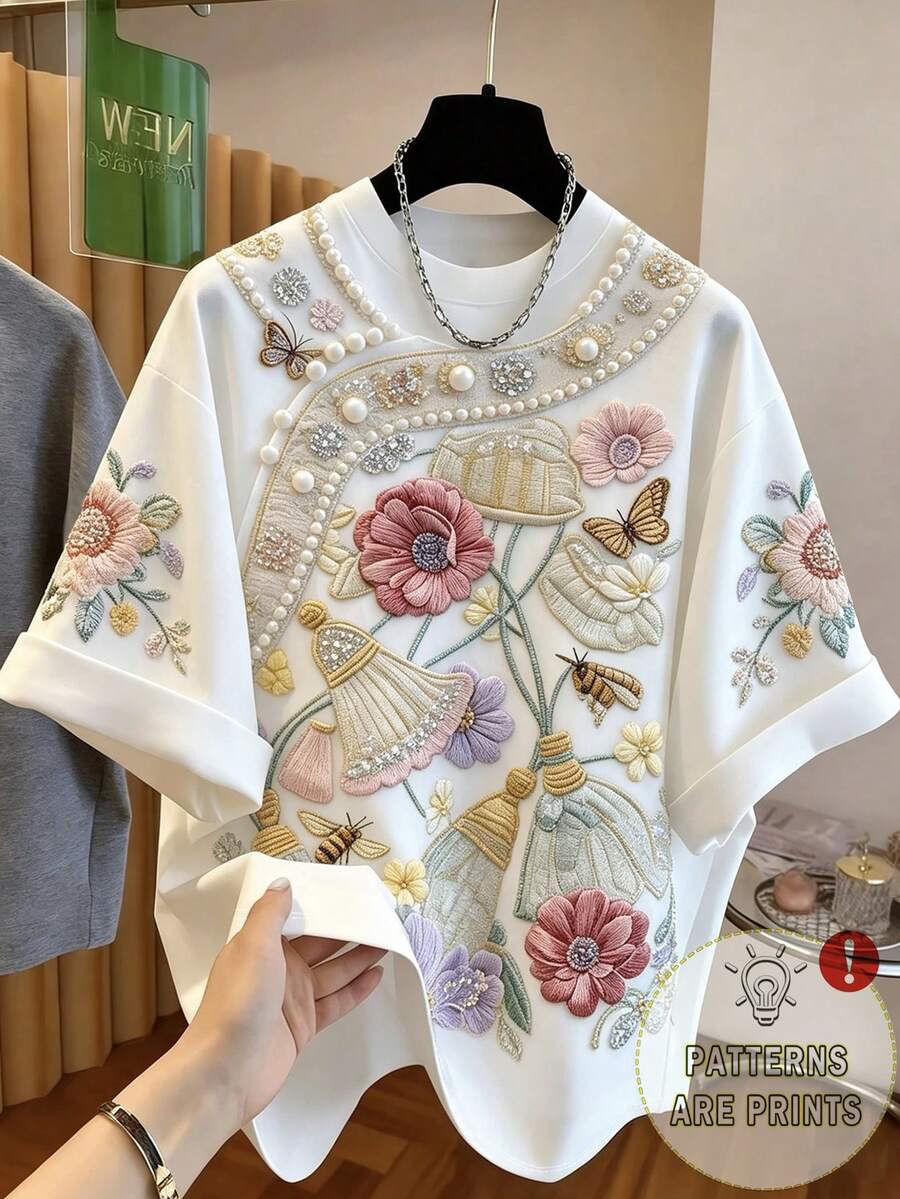 SHEIN Franclia 女士蝴蝶花卉印花短袖T恤衫，夏季白色上衣，花卉衬衫，白色衬衫，夏季，度假，乡村风格，音乐节 - 白色 - 查看 1