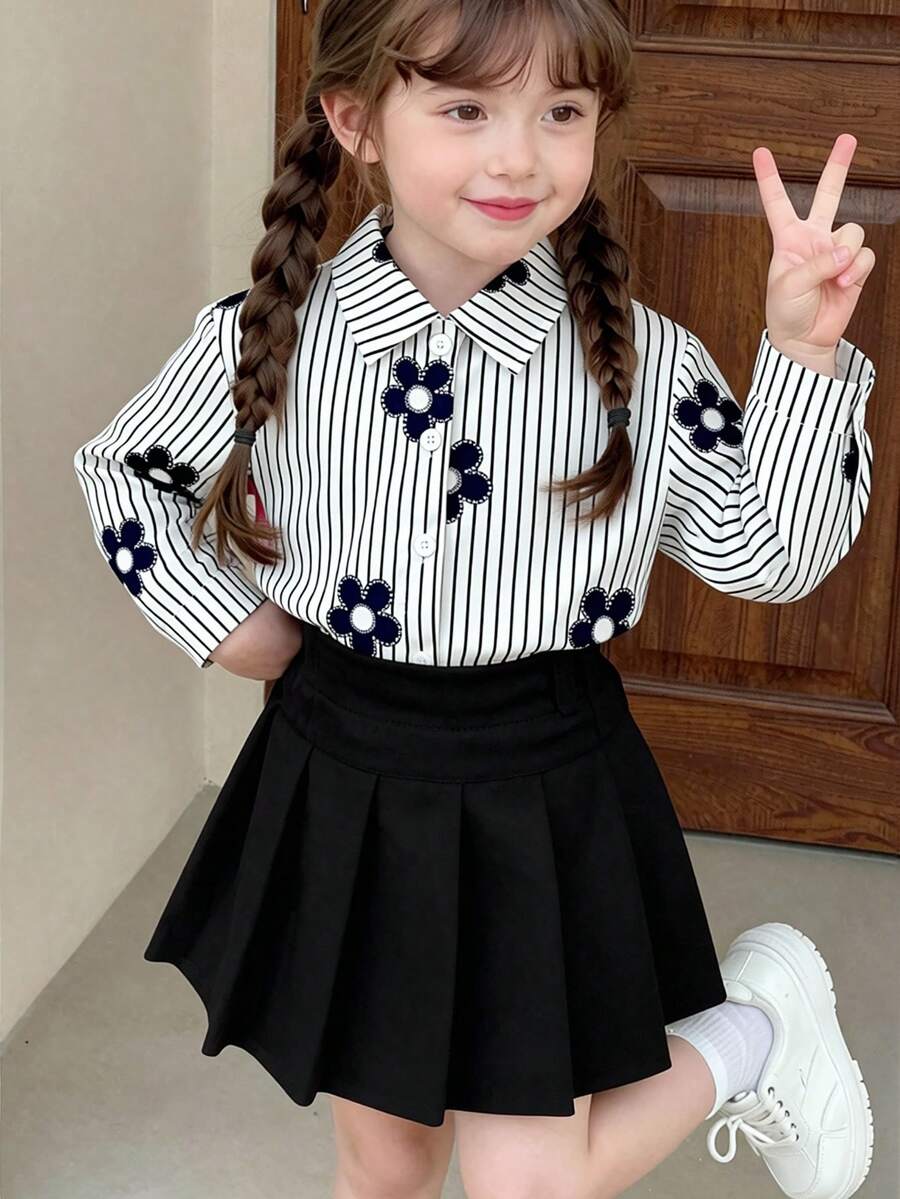 SHEIN Playful Pals 女嬰休閒條紋韓風清新可愛百搭長袖襯衫,適合春秋季,休閒穿著、派對 - 黑與白 - 查看 1