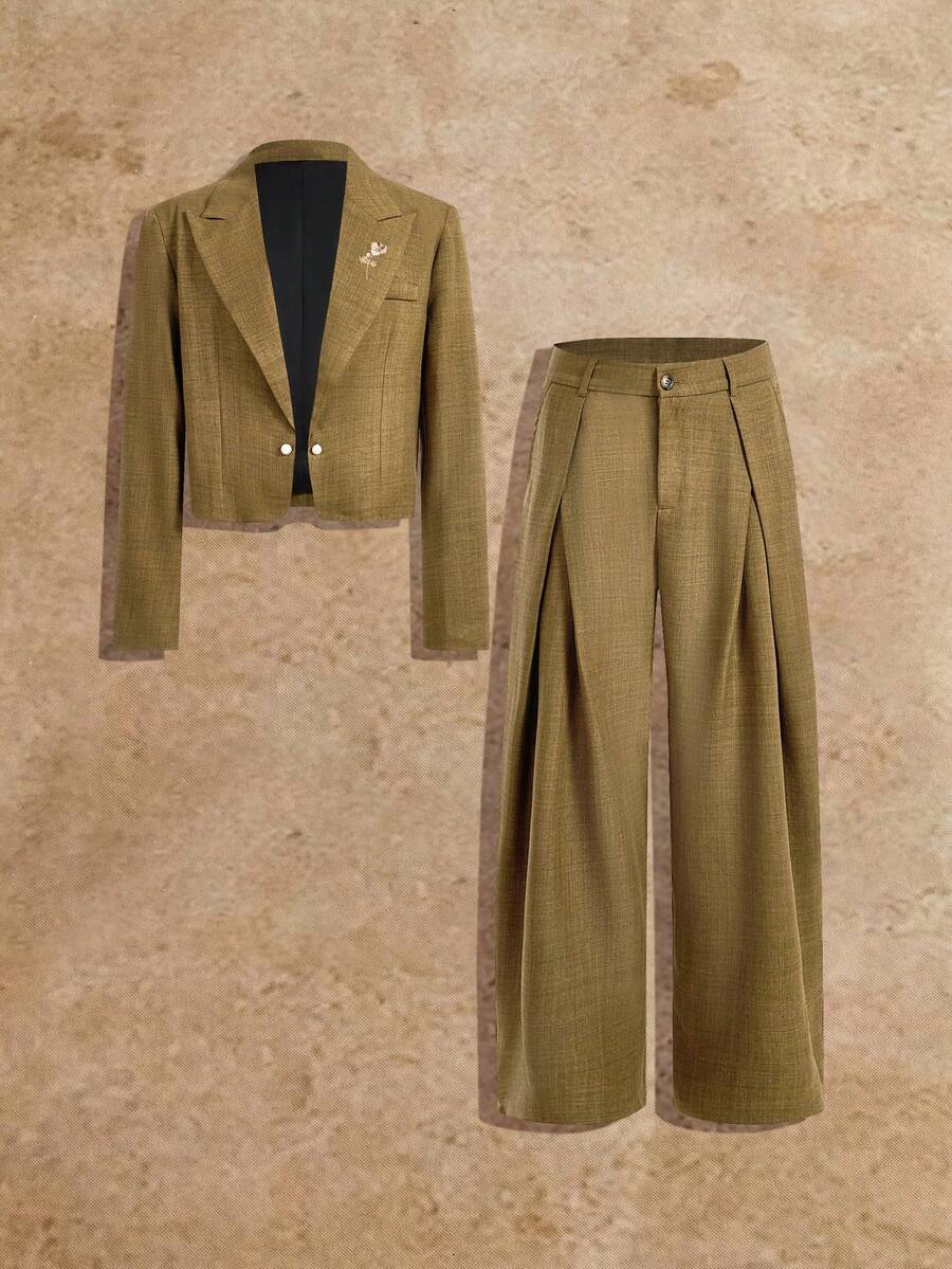 HIMLAND Men's Woven Fashion Casual Young Loose Long Sleeve Blazer And Elastic Straight Leg Pants 2 Pieces Set - Rust Brown - View 1