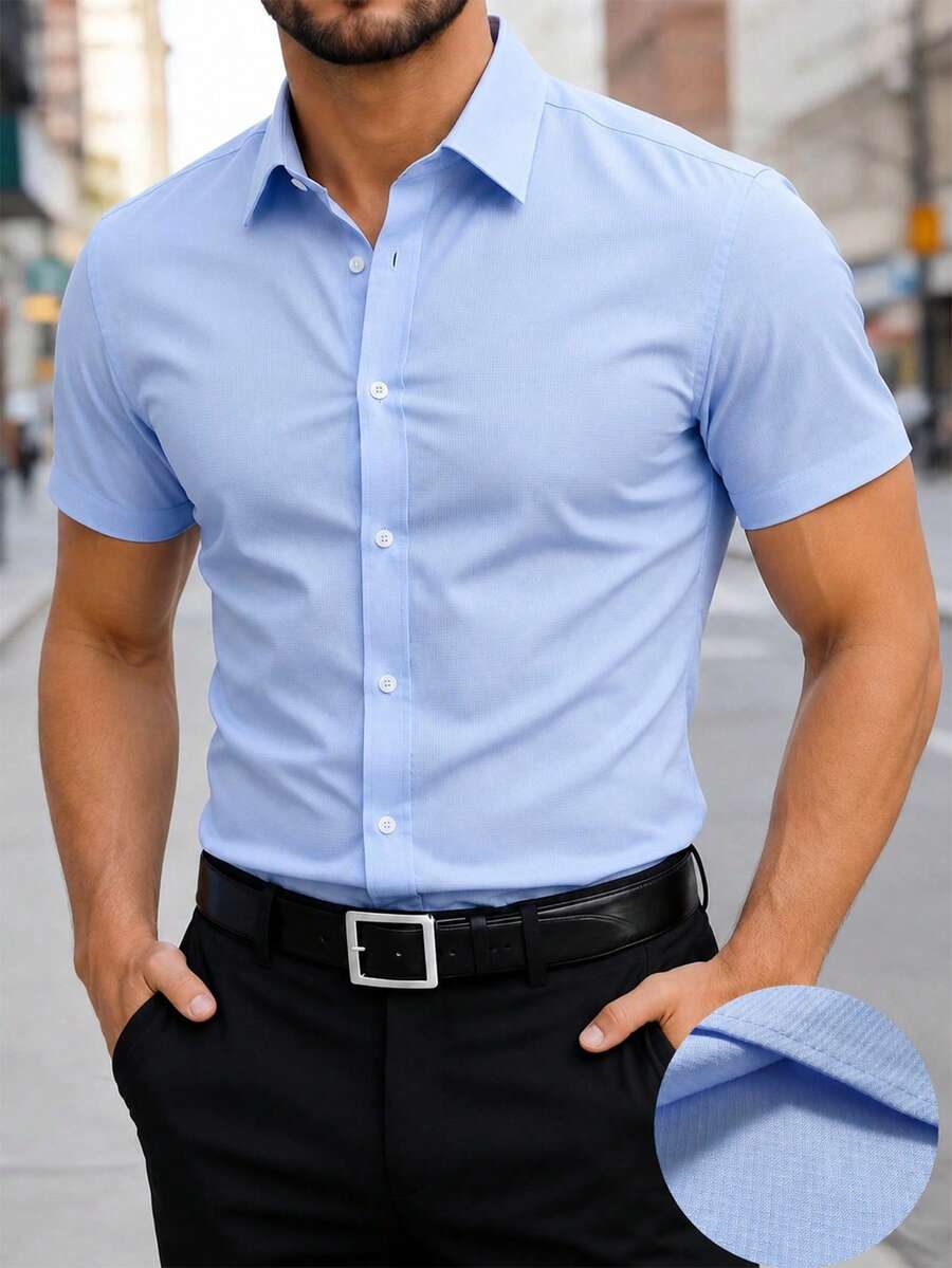 Manfinity Mode 男士商務休閒設計防皺面料短袖襯衫,儀式適用 - 淺藍色 - 查看 1