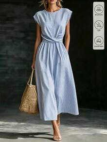SHEIN Holidaya Women's Striped Round Neck Waist Twist Design Casual Dress - Blue - View 4