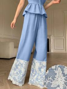 Modelyn Pantalones largos de pierna ancha con cintura elástica y patchwork de encaje para mujer, elegantes y de moda para uso casual de verano - Azul y blanco - Ver 5