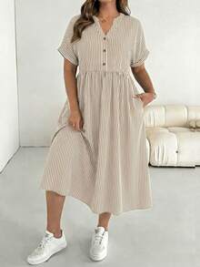 SHEIN Essnce Vestido casual de fiesta con cuello en V, fruncido y a rayas para mujer de talla grande - Albaricoque - Ver 5