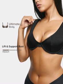 SHAPORA 1pc Apricot Color Underwire Push-Up Bra With Double Breasted Closure, Minimizes Side Bulge - Black - View 1