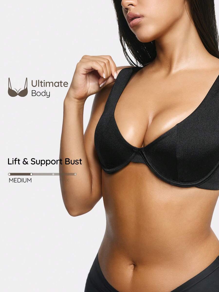 SHAPORA 1pc Apricot Color Underwire Push-Up Bra With Double Breasted Closure, Minimizes Side Bulge - Black - View 1