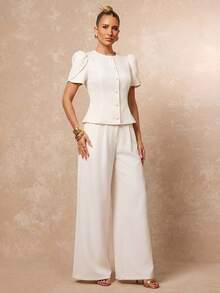 Lumalex Women's Elegant High Neck Gigot Sleeve Slim Fit Ivory Short Sleeve Blazer, Waist-Cinching Elegant Women's Blouse, Outing Top, Women's Outing Top, Women's Office Blouse, Women's Office Blouse, Formal Business Blouse, Luxurious New Year New Look, Low-Key Luxury, Ball Party Gathering Banquet, Low-Key Luxury, Sparkling Holiday Party Celebration - Apricot - View 13