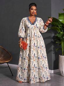 SHEIN CURVE+ Plus Size Women's Vacation Floral Print V-Neck Dress, Suitable For All Skin Tones Fall - Multicolor - View 7