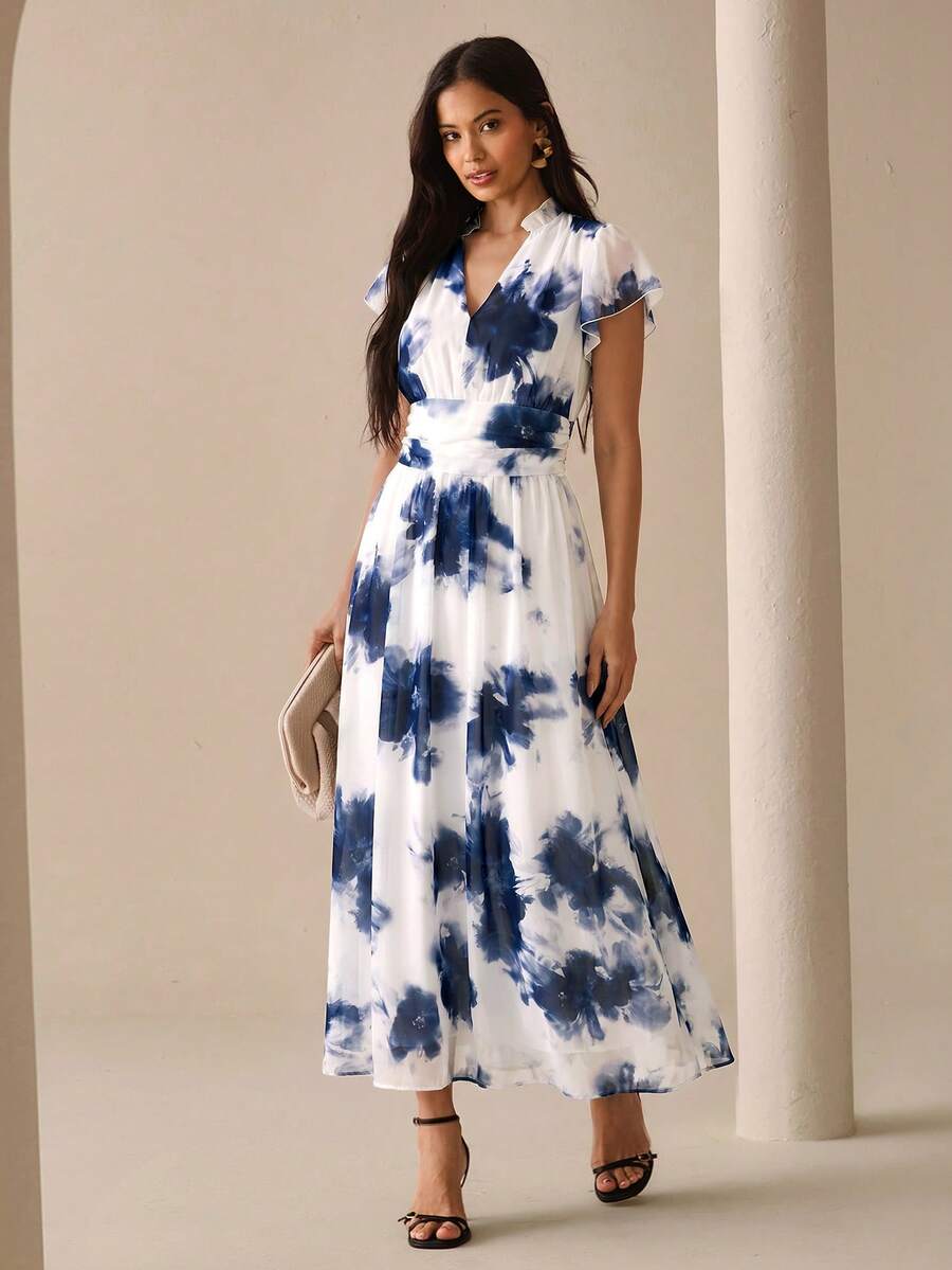 Lilora 女款優雅熱帶牙買加風浪漫花卉長洋裝 度假早午餐藍白配色夏季 - 彩色 - 查看 1