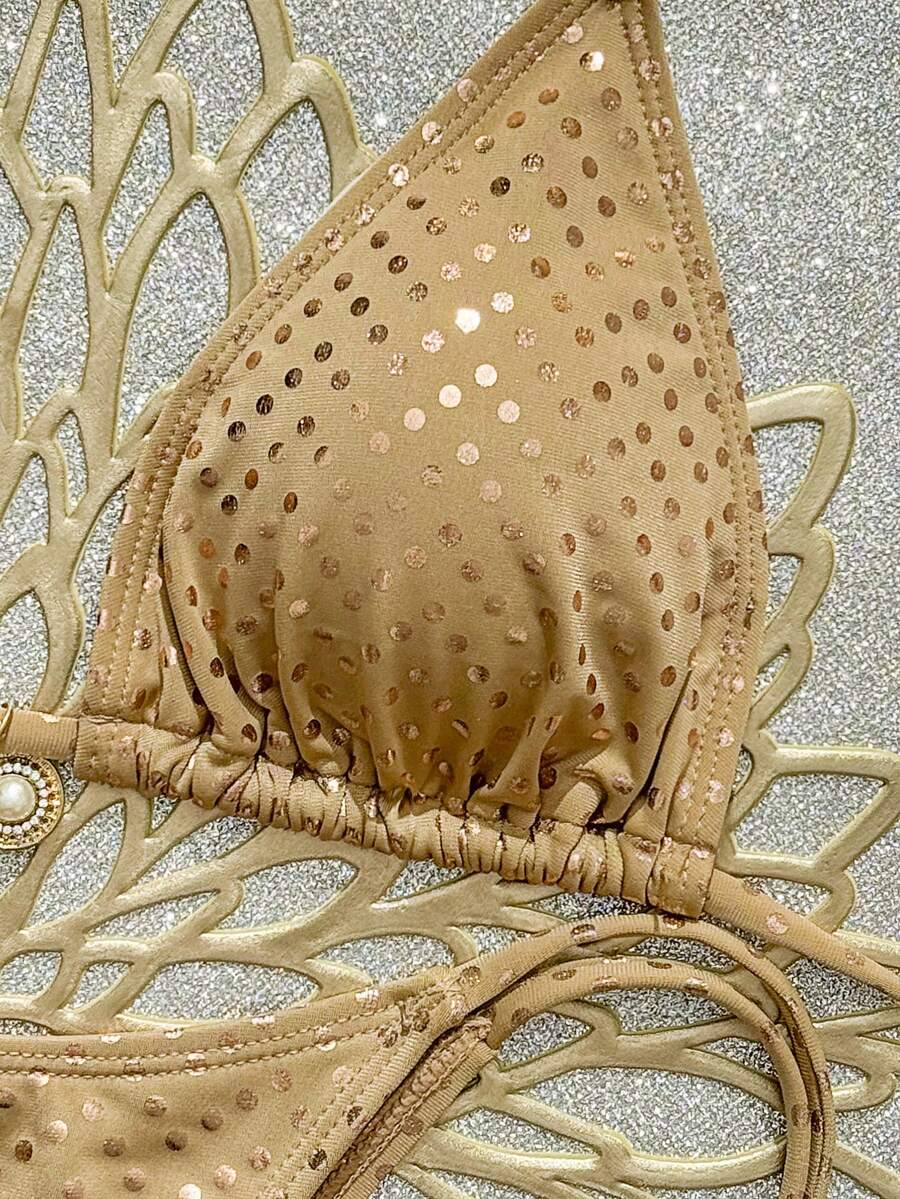 Swim Vcay 春夏新款發光多色箔波點側結高衩繫帶三角杯比基尼套裝,適合派對、下午茶、海灘、郵輪度假女性穿著 - 彩色 - 查看 1