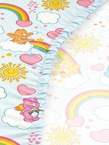 SHEIN X Care Bears 1件可愛卡通印花單人床帽，藍色背景，地材材質，柔軟保暖，多種尺寸，適用於單人床/雙人床/皇后床/特大床，可機洗 - 彩色 - 查看 5